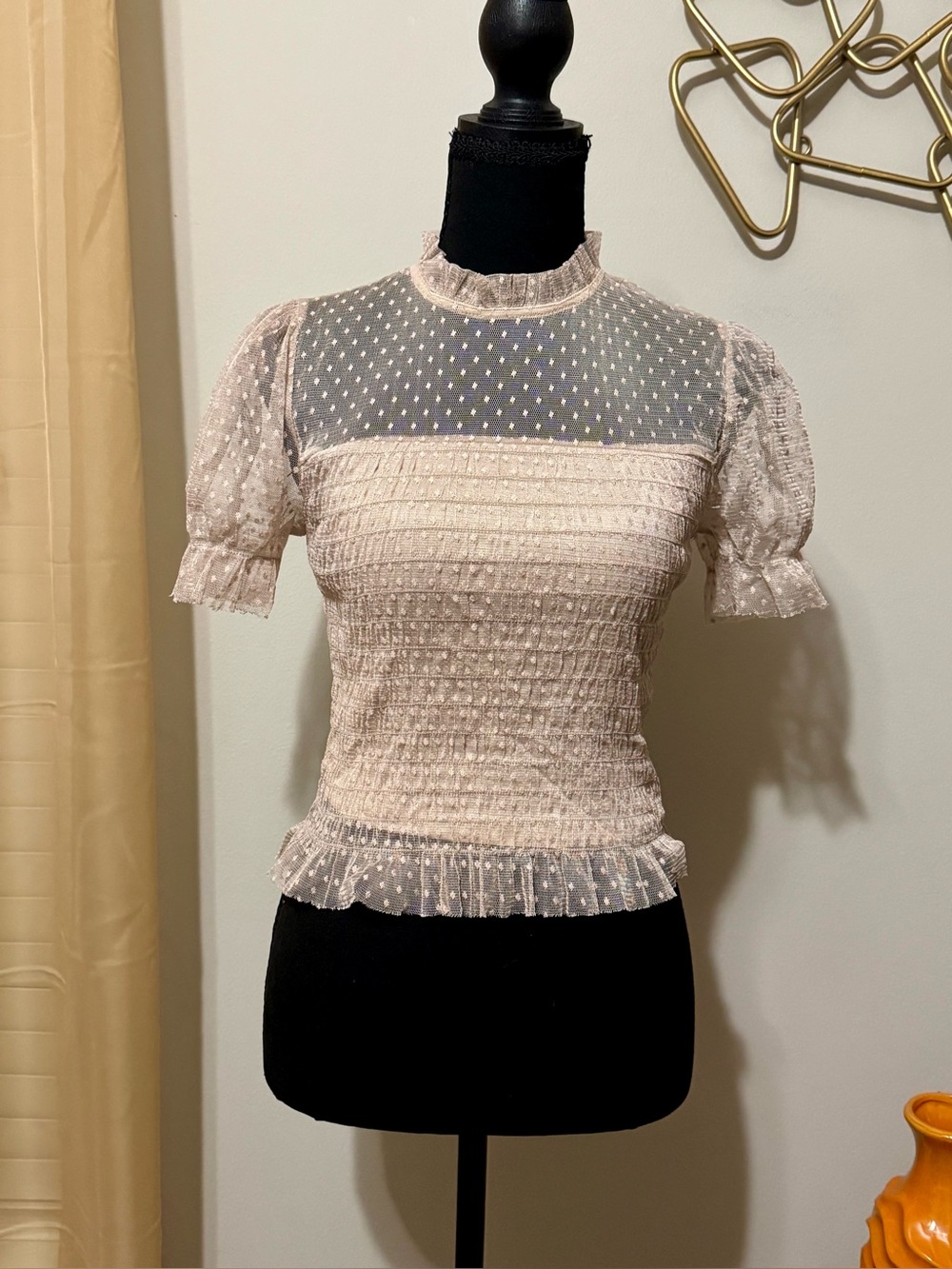 Windsor Blush Cream Dot Mesh Smocked Short Sleeve Top